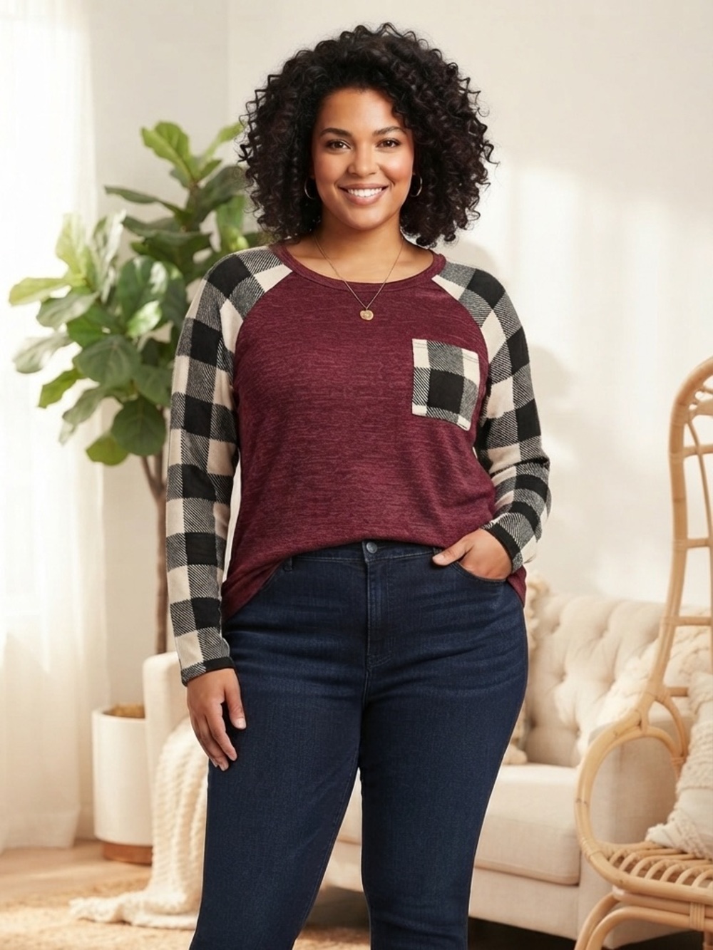 Plaid-Sleeve Burgundy Raglan Top with Pocket